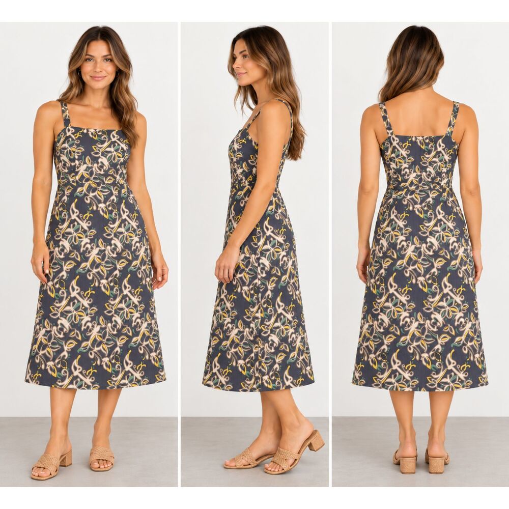 Merona Floral Midi Dress Womens 12 Crinkle Cotton Boho Artsy Botanical A Line